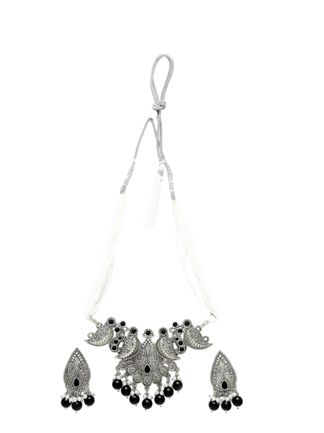 

ADIVA Silver-Plated Beaded Oxidised Necklace and Earrings