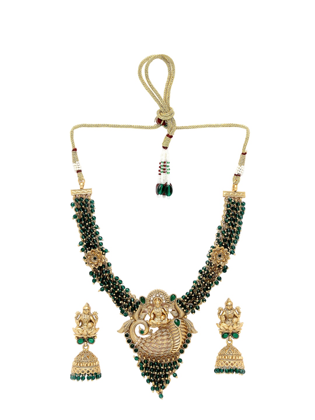 

ADIVA Gold-Plated Beads & Stone-Studded Temple Jewellery Set