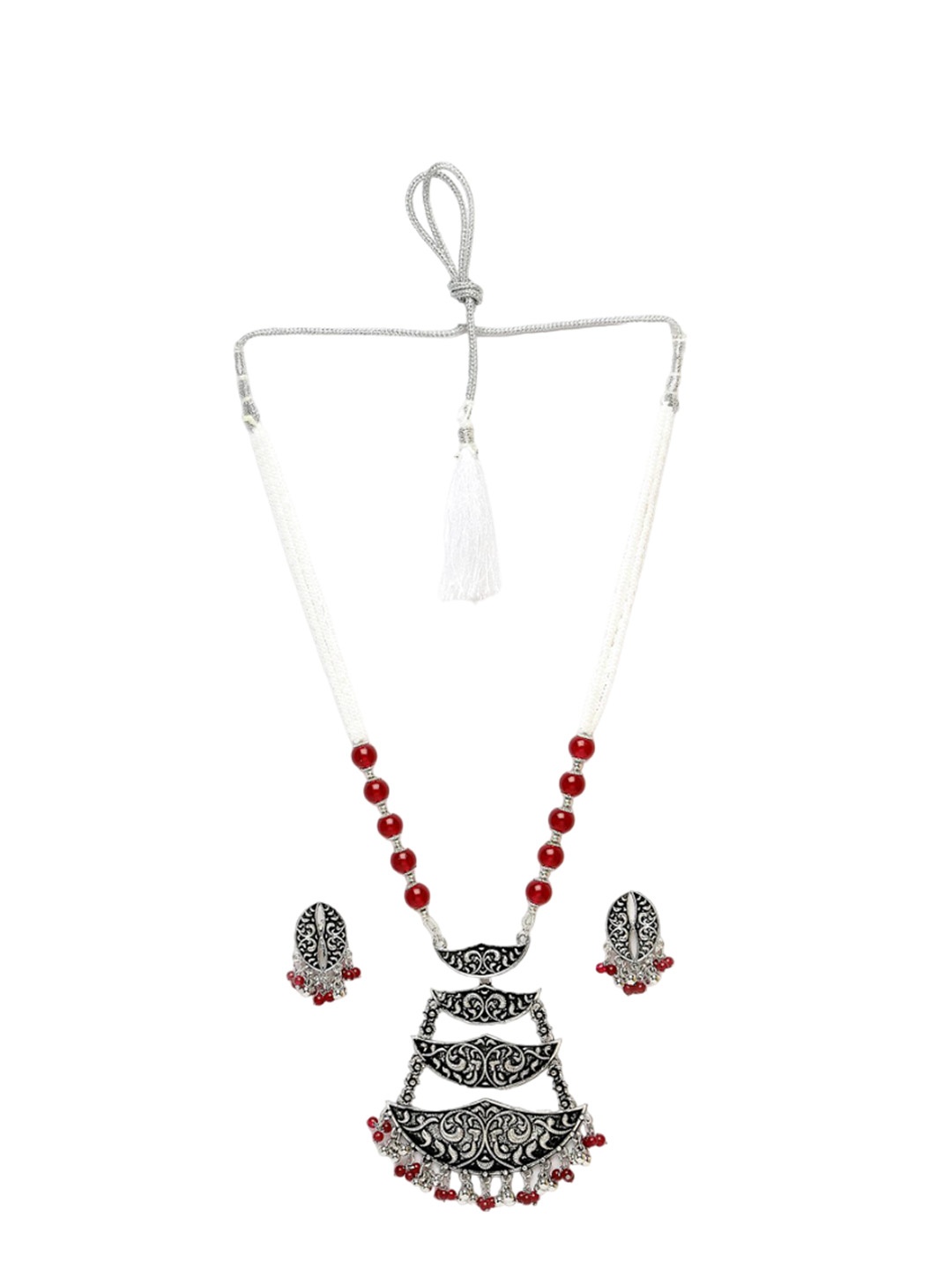 

ADIVA Silver-Plated Beaded Oxidised Necklace & Earrings