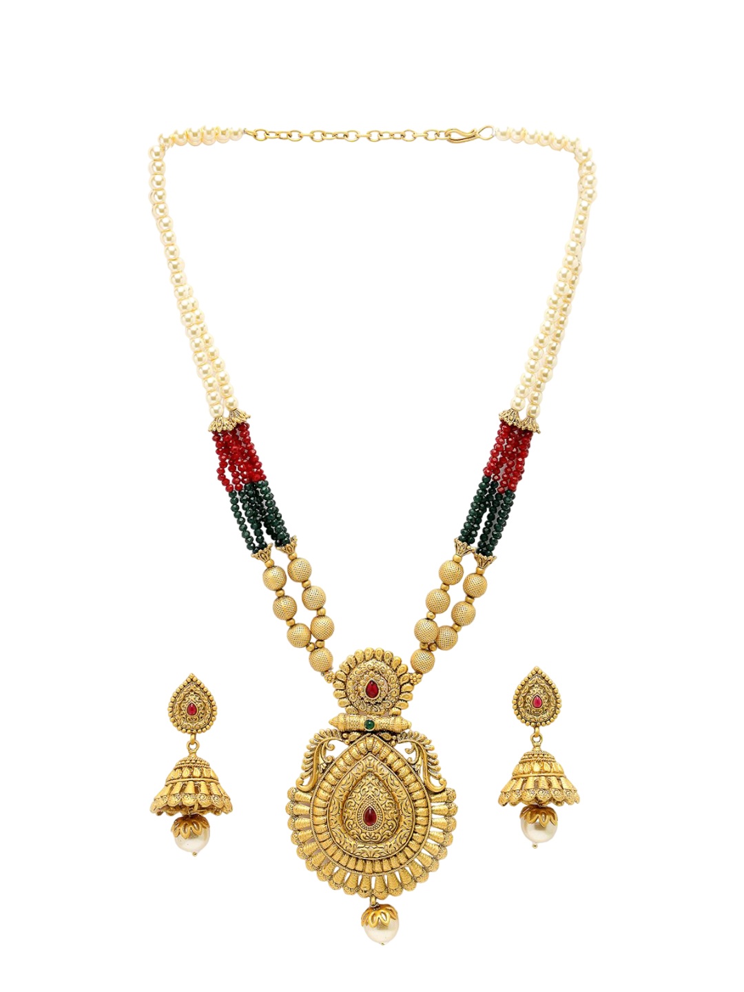 

ADIVA Gold-Plated Beaded & Stone-Studded Necklace & Earrings