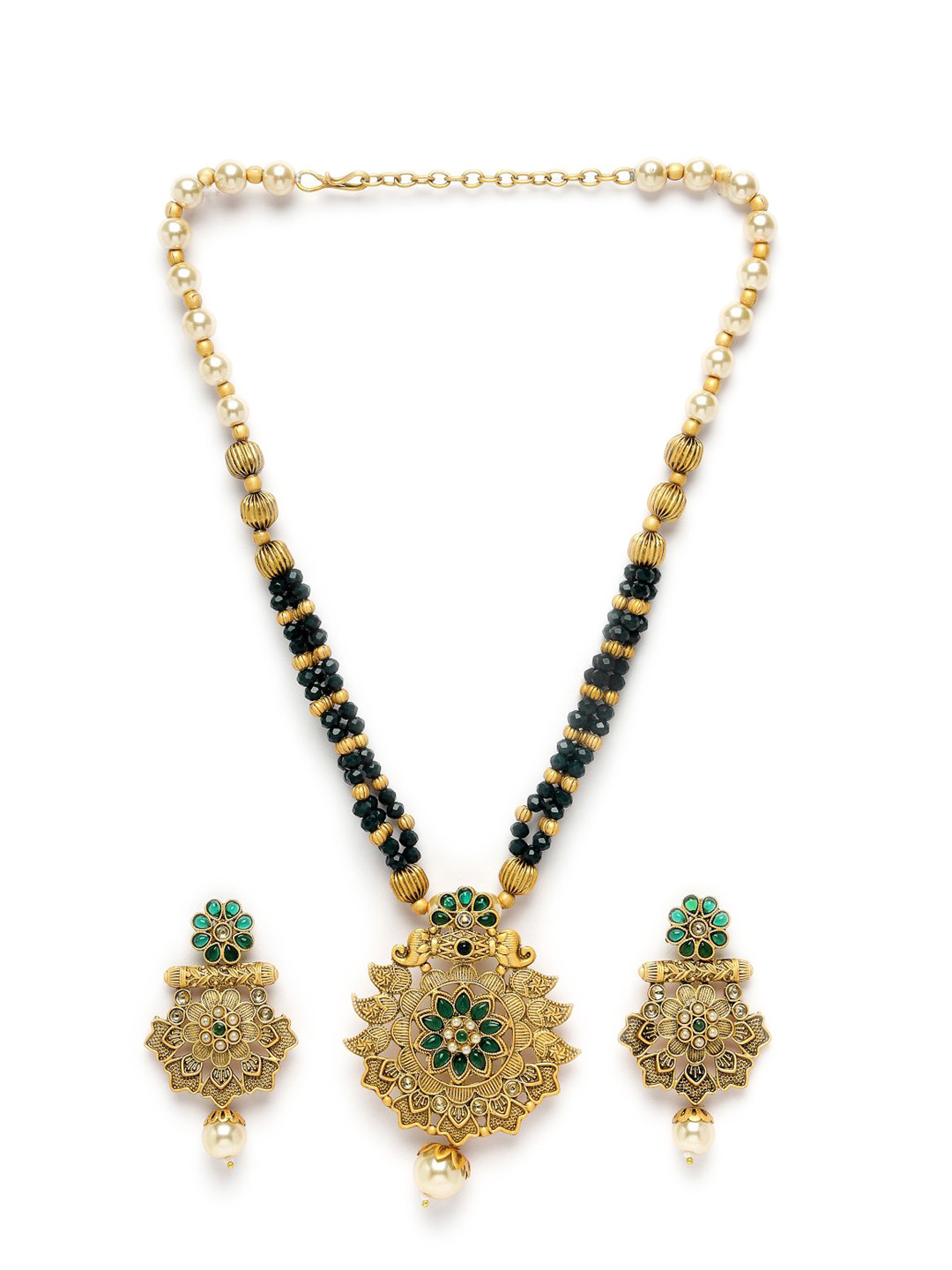 

ADIVA Gold-Plated Beaded & Stone-Studded Necklace & Earrings