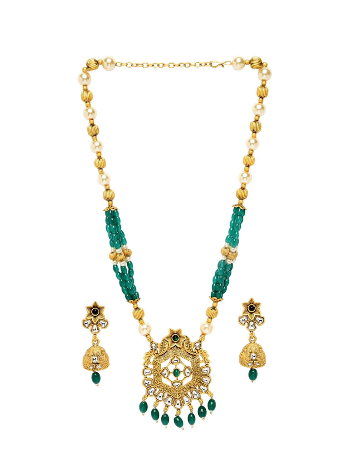 

ADIVA Gold Plated Kundan Studded & Beaded Necklace and Earrings