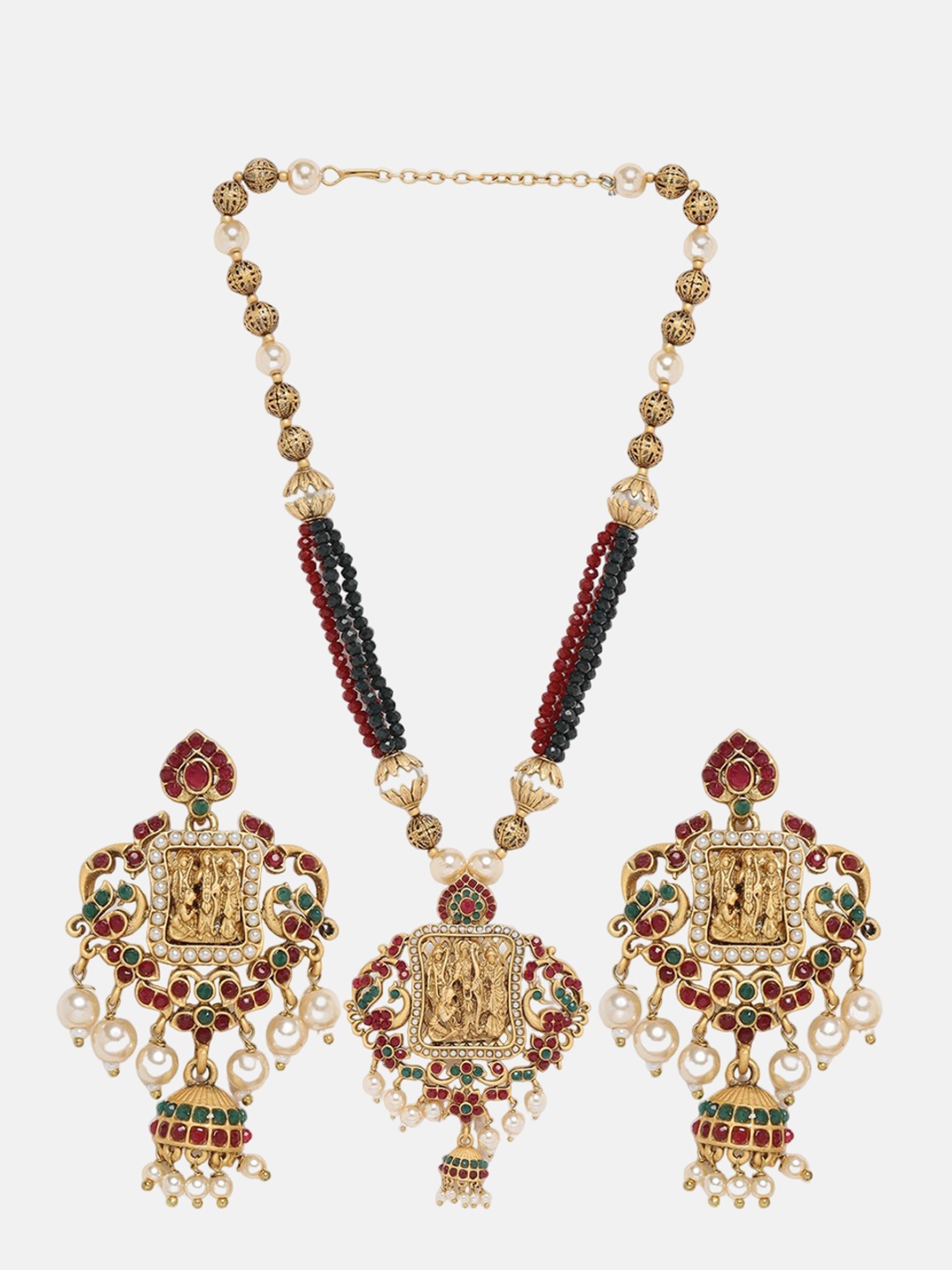 

ADIVA Gold-Plated Stone-Studded & Beaded Temple Jewellery Set