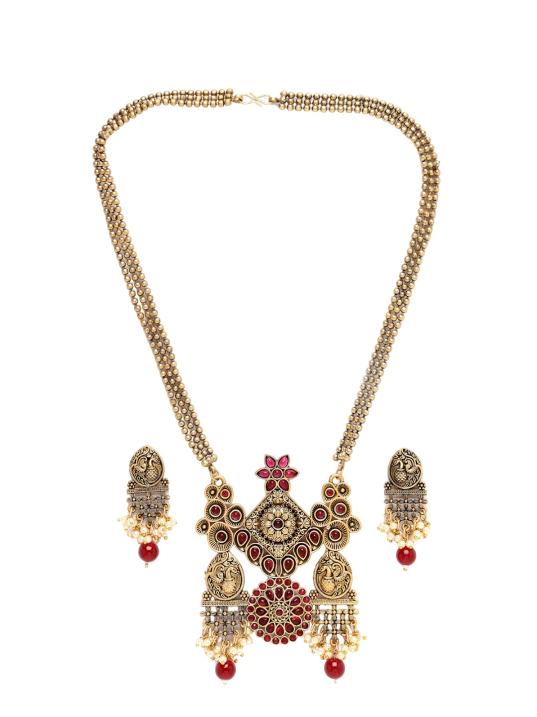 

ADIVA Gold-Plated Pearl-Beaded & Stone-Studded Antique Jewellery Set