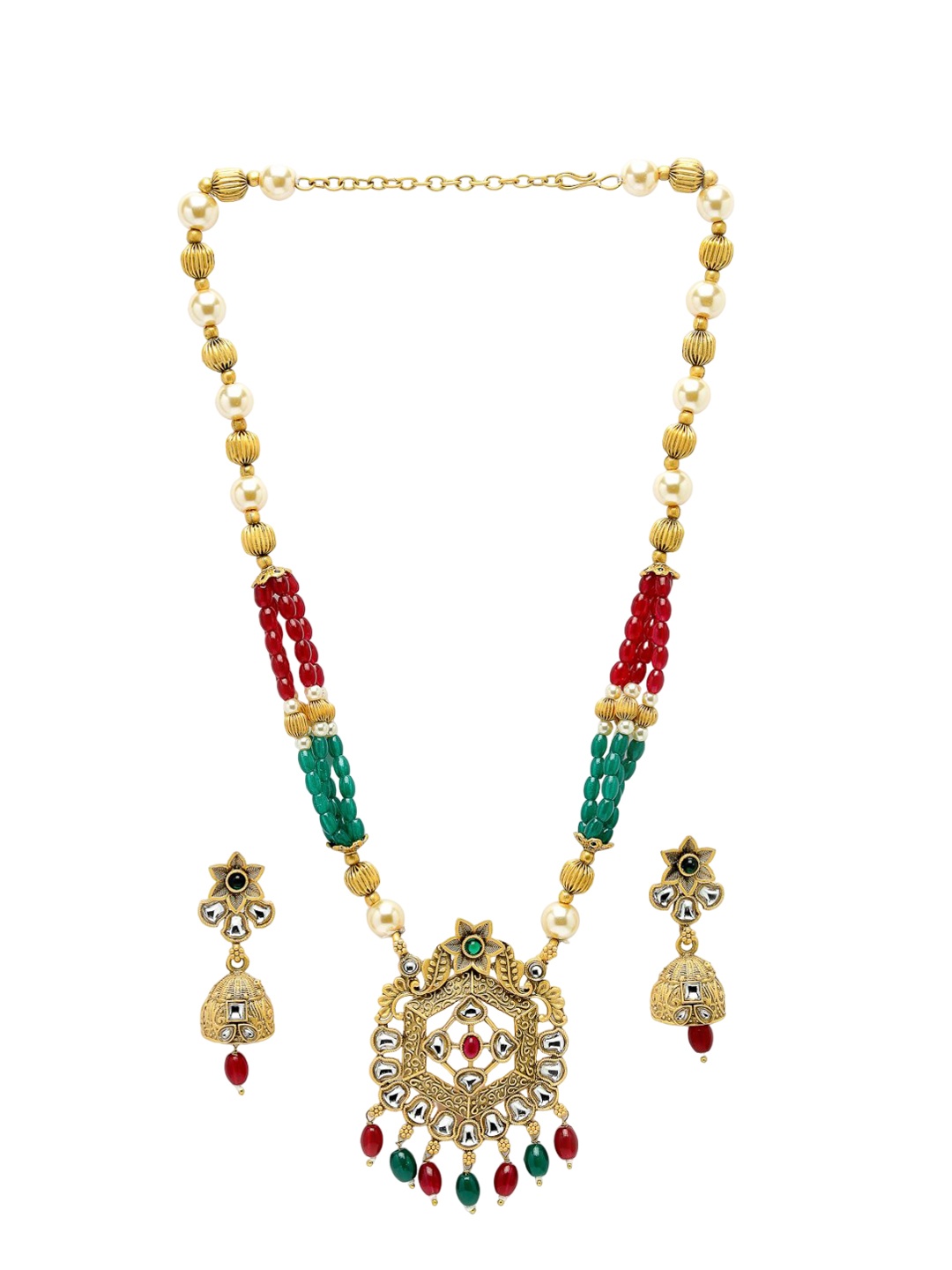 

ADIVA Gold-Plated Stone-Studded & Beaded Jewellery Set