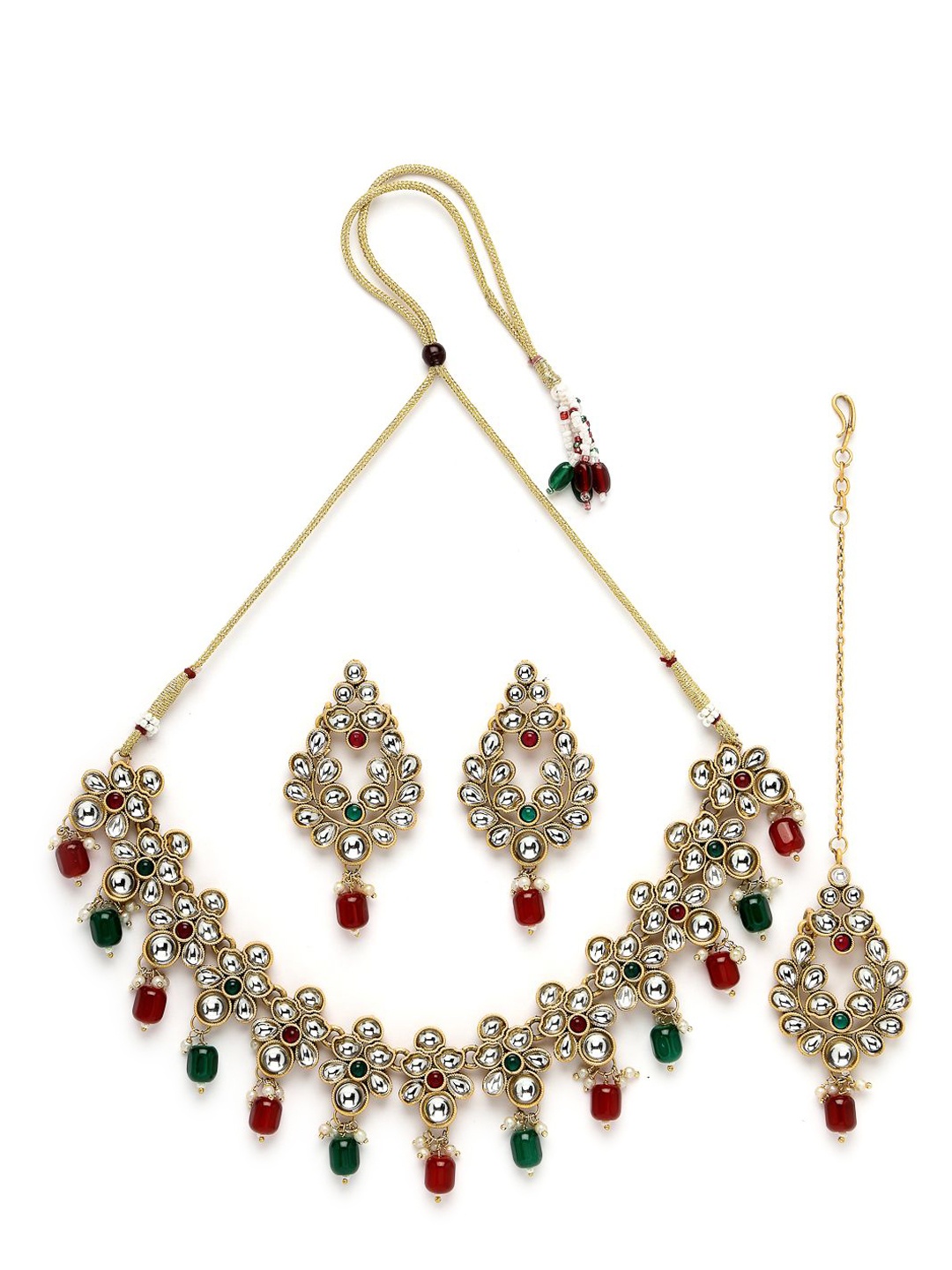 

ADIVA Gold Plated Kundan Studded & Beaded Necklace & Earrings With Maang Tika