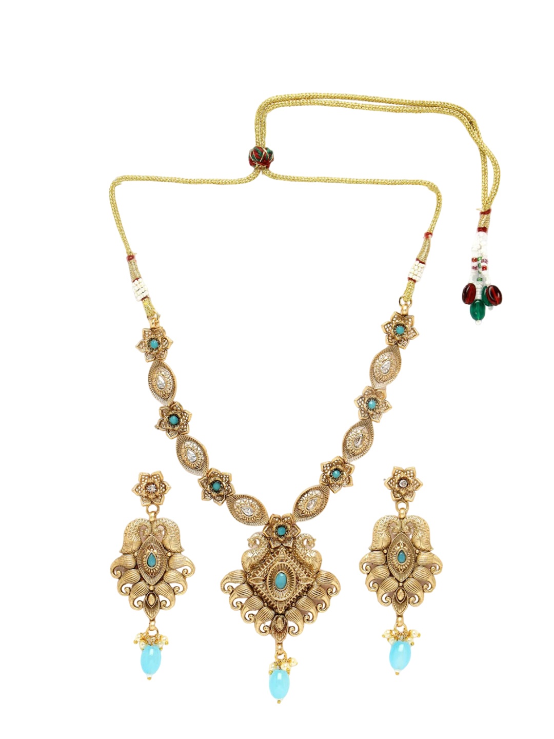

ADIVA Gold-Plated Kundan Studded & Beaded Peacock Jewellery Set