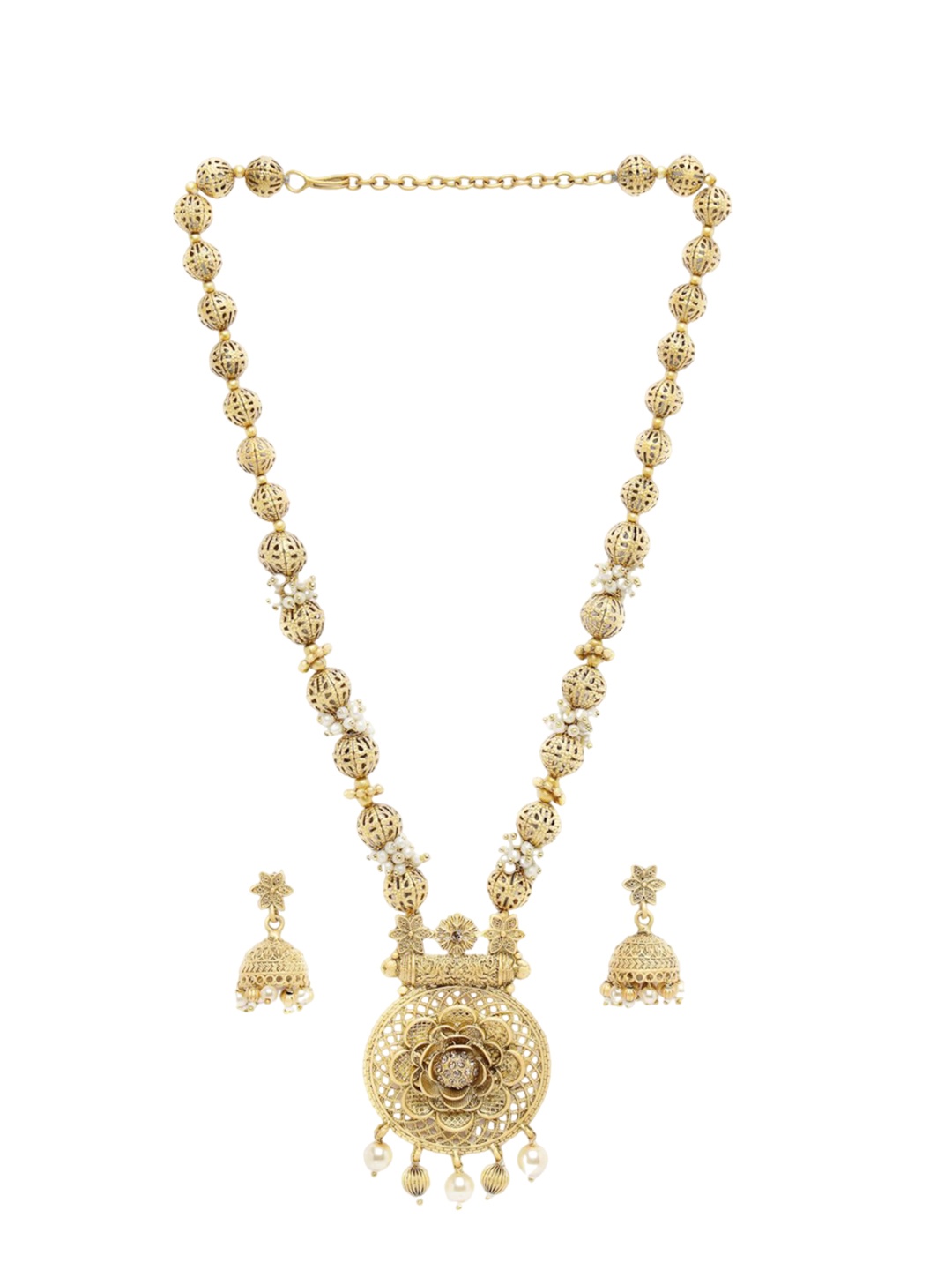 

ADIVA Gold-Plated Stone Studded & Beaded Flora Shaped Necklace & Earrings