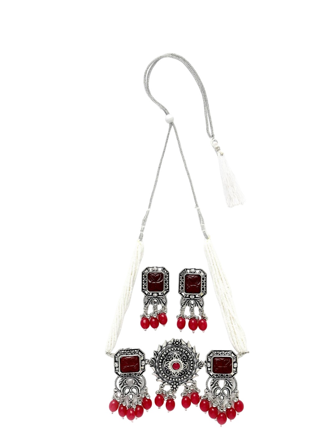 

ADIVA Silver-Plated Kundan Stone Studded Pearls Beaded Jewellery Set