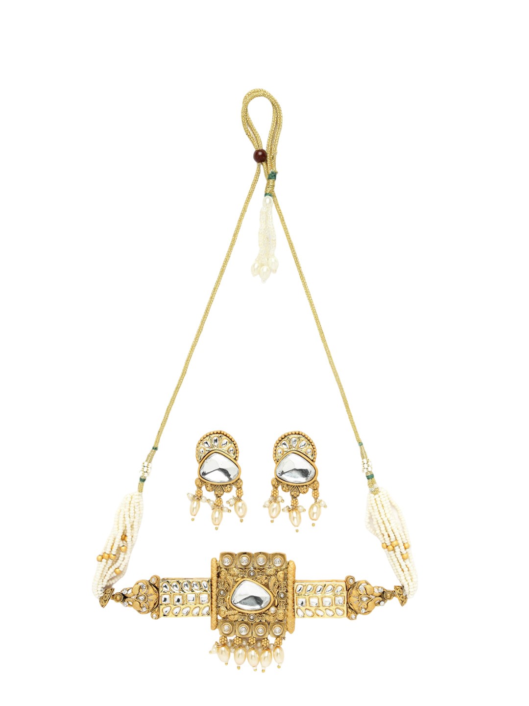 

ADIVA Gold-Plated Kundan Stone Studded Pearls Beaded Jewellery Set