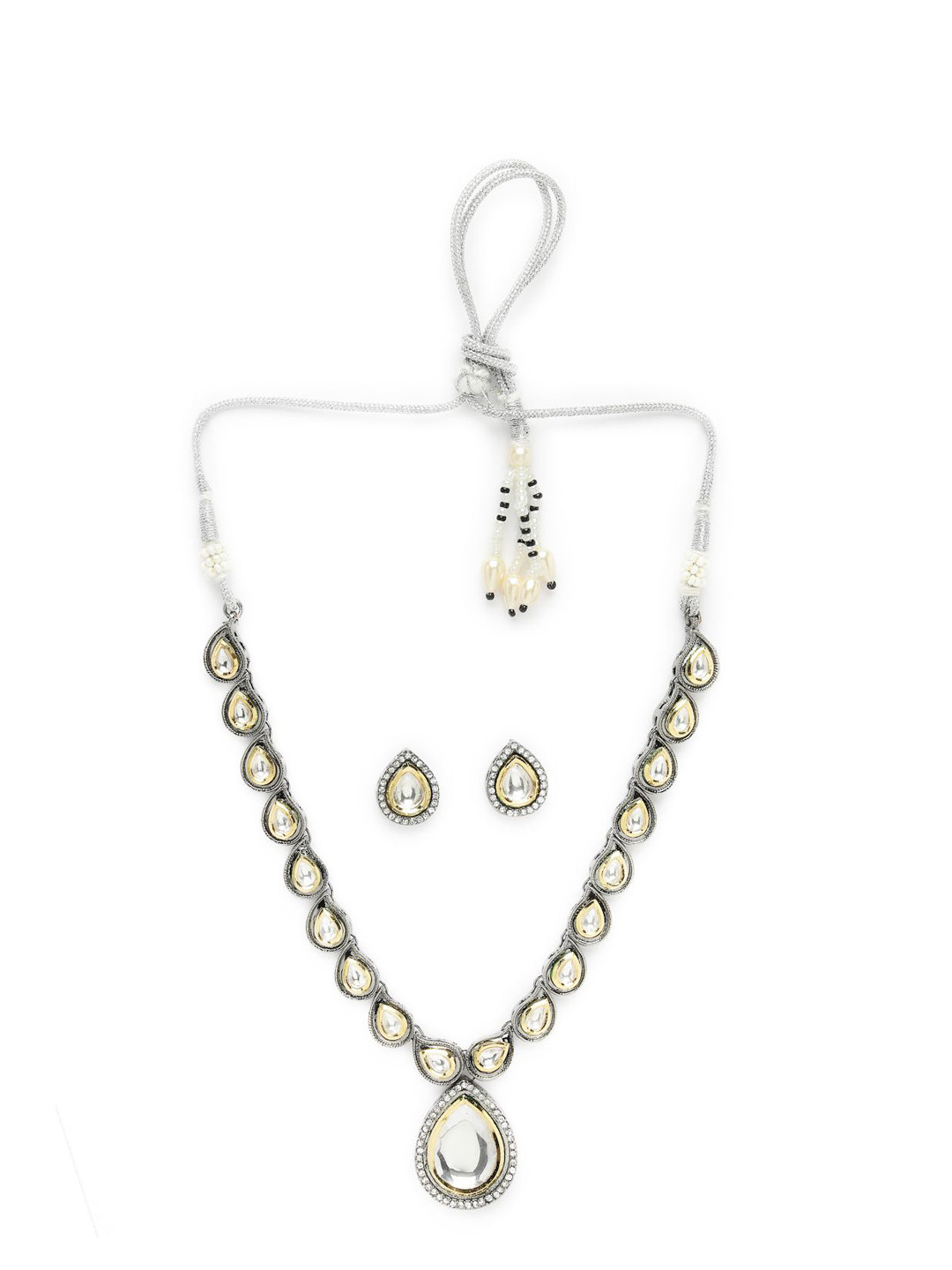 

ADIVA Rhodium Plated & Kundan CZ Studded Necklace & Earrings, Black