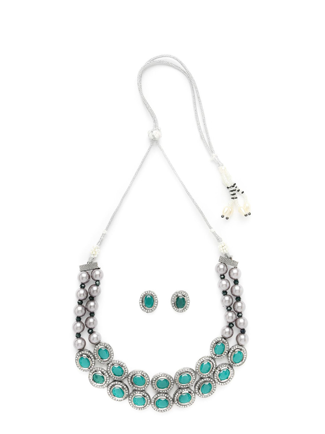 

ADIVA Rhodium-plated Green & CZ Stone Studed Handcrafted Jewellery Set, Black