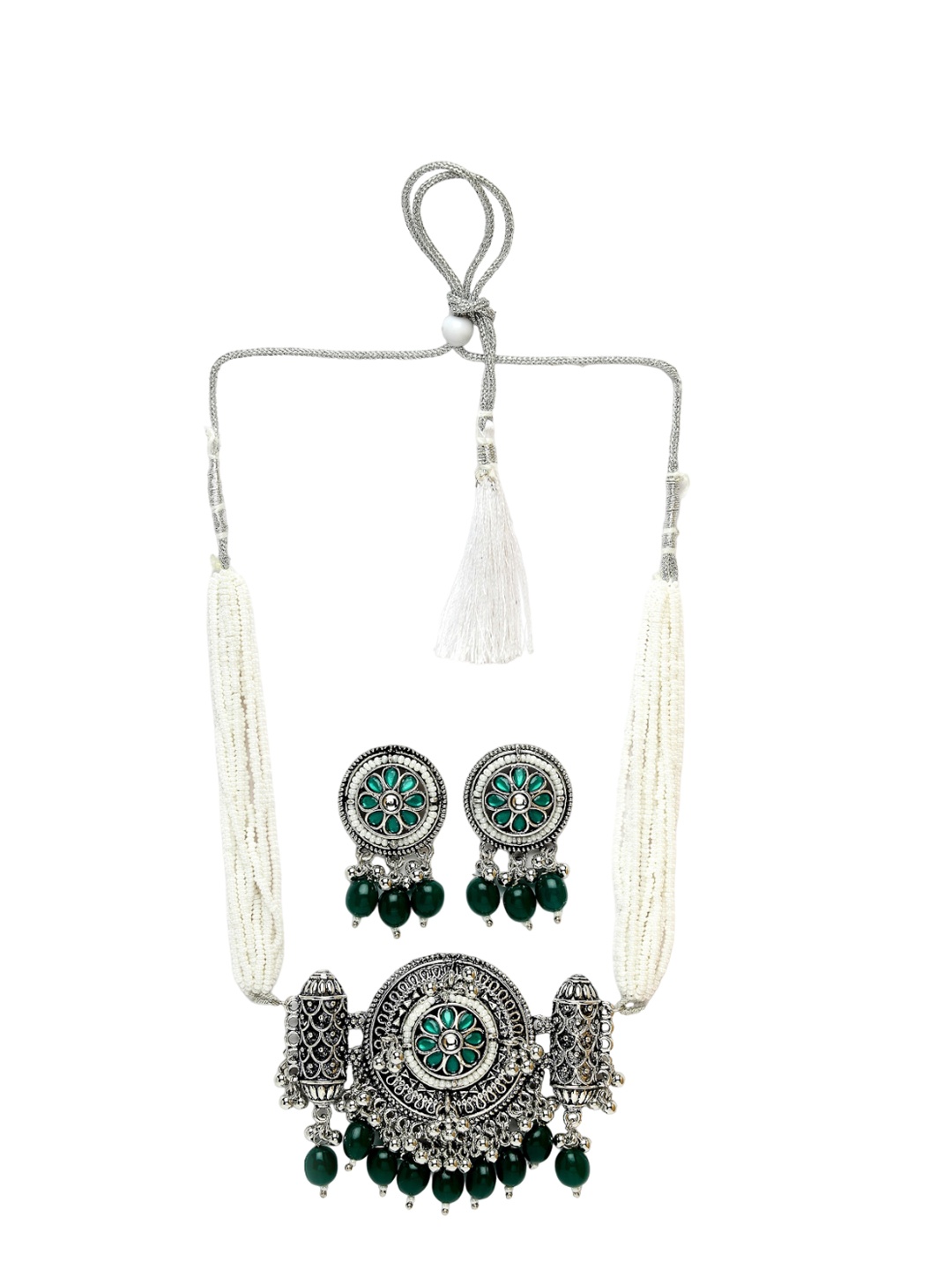 

ADIVA Silver-Plated Stone Studded & Pearls Beaded Jewellery Set