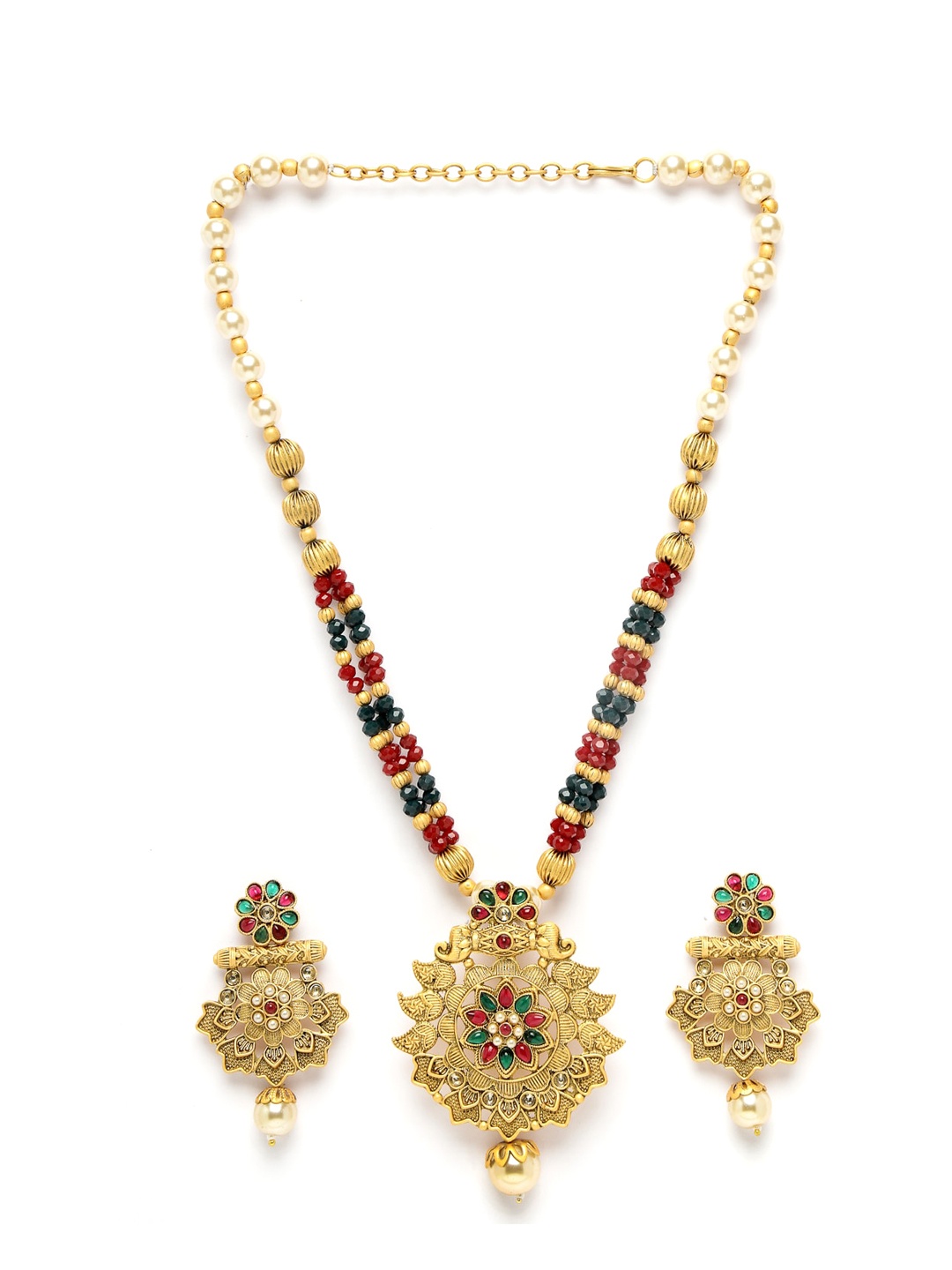 

ADIVA Gold-Plated Stone Studded & Pearls Beaded Jewellery Set