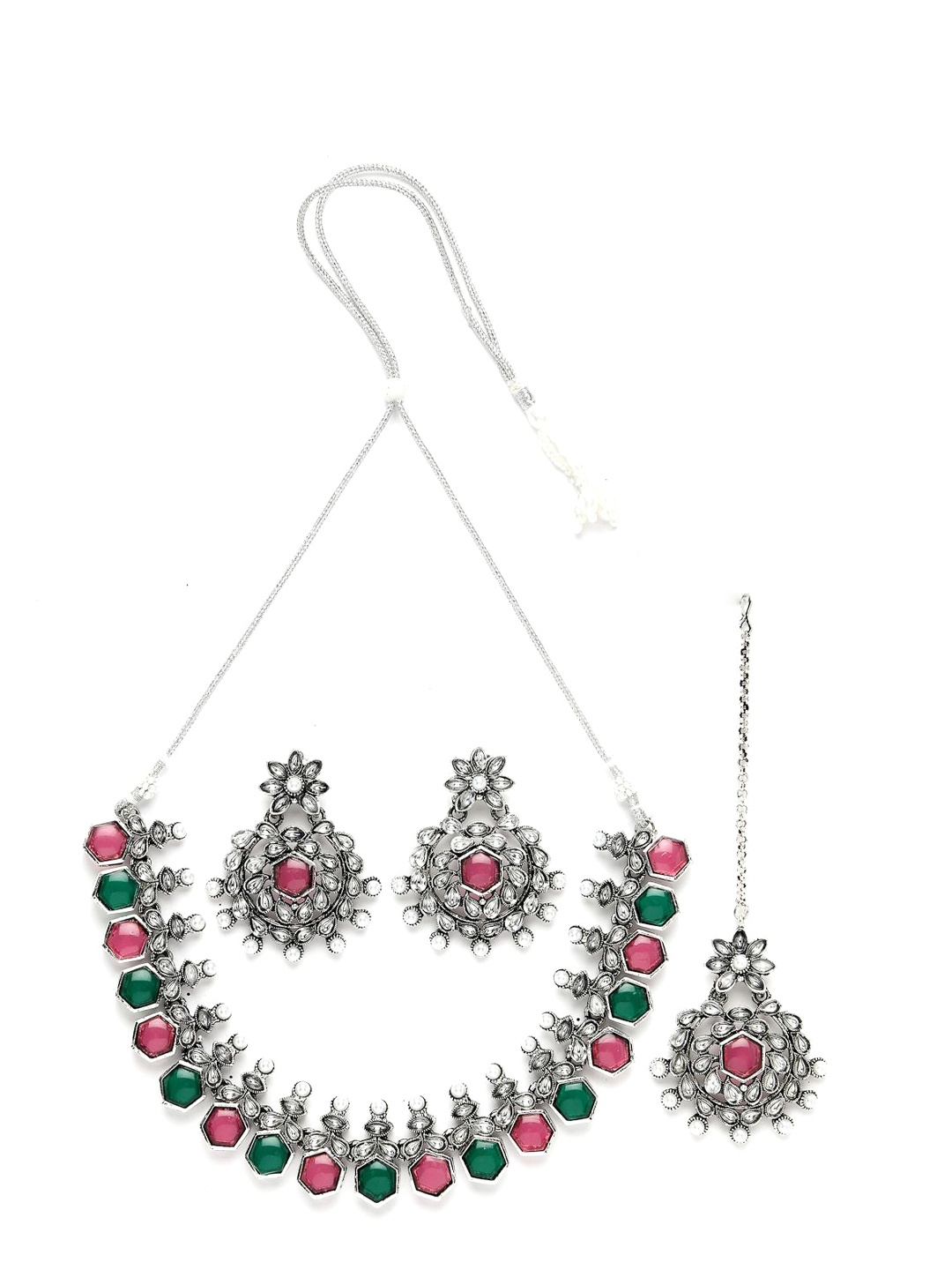 

ADIVA Silver Plated Kundan Studded & Beaded Oxidised Jewellery Set