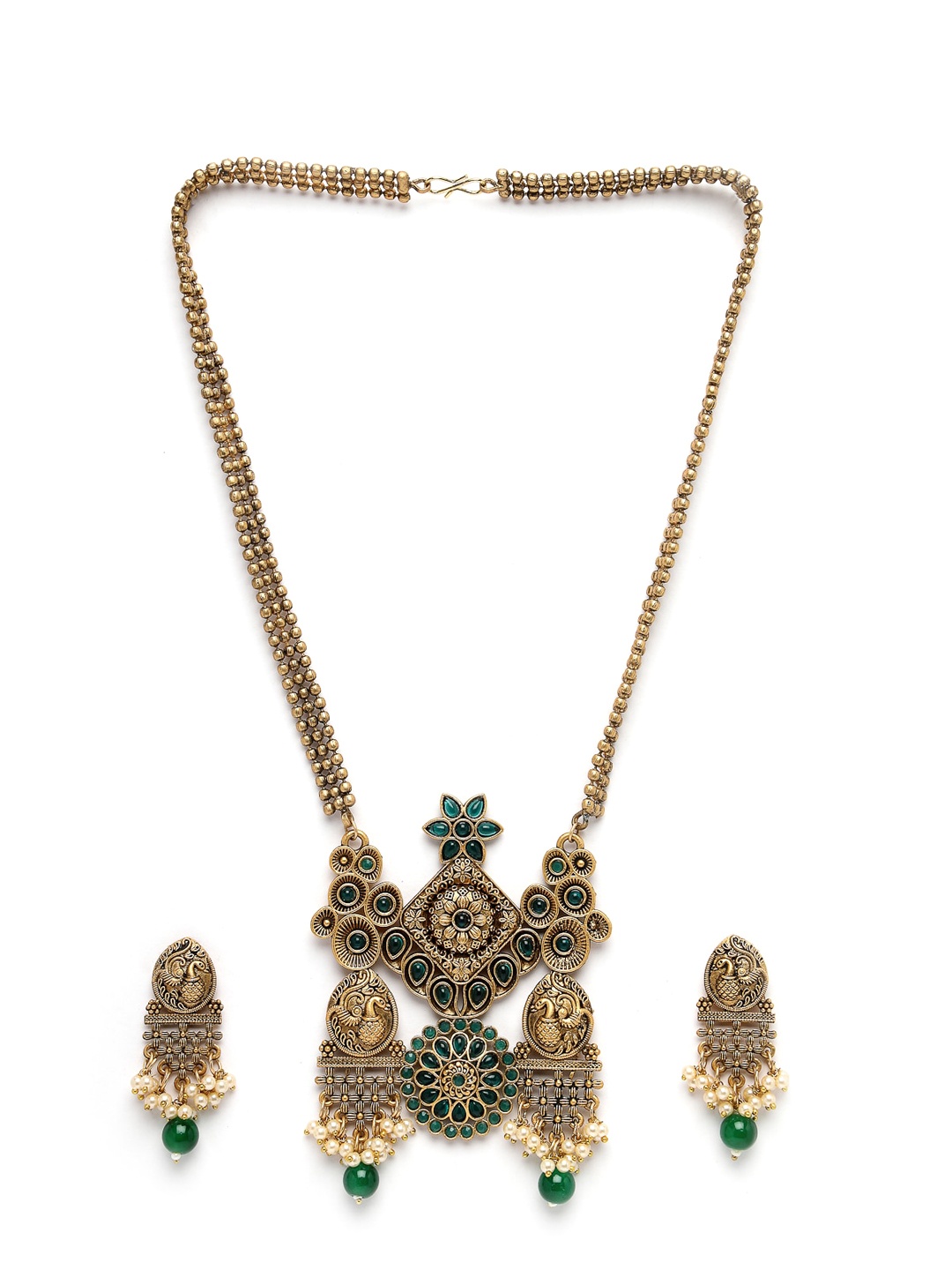 

ADIVA Gold-Plated Stone-Studded Beaded Antique Necklace & Earrings