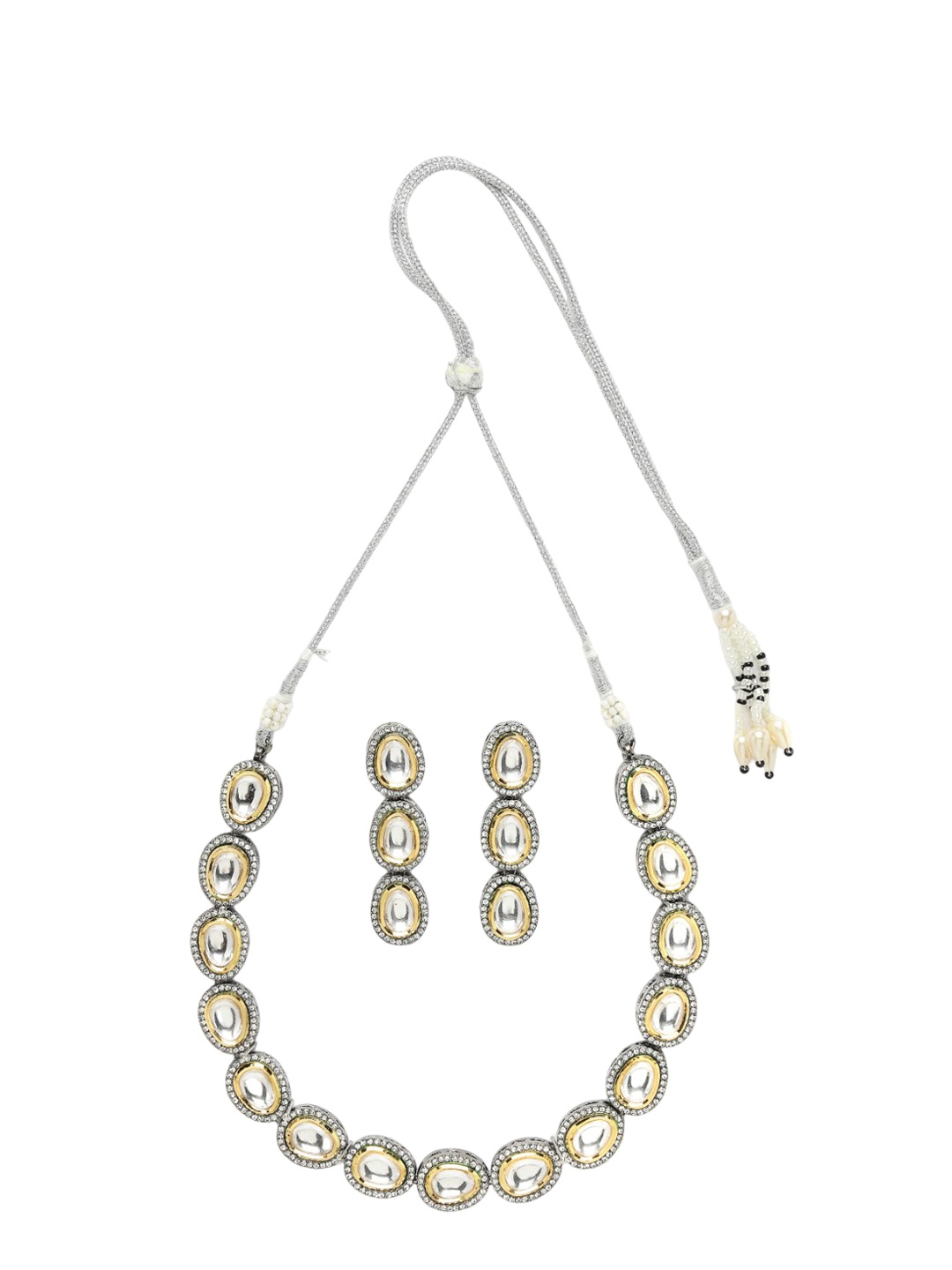 

ADIVA Rhodium-Plated Kundan & CZ Stone Studded Necklace & Earrings, White