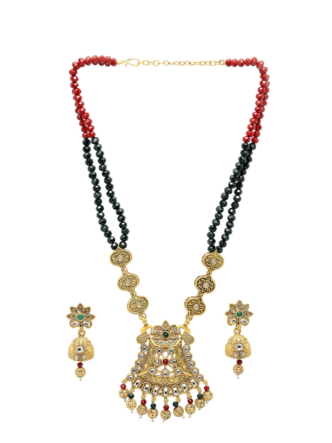 

ADIVA Gold-Plated Stone-Studded & Beaded Temple Jewellery Set