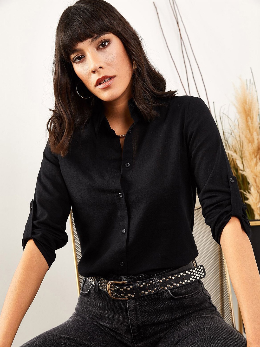 

Olalook Spread Collar Casual Shirt, Black