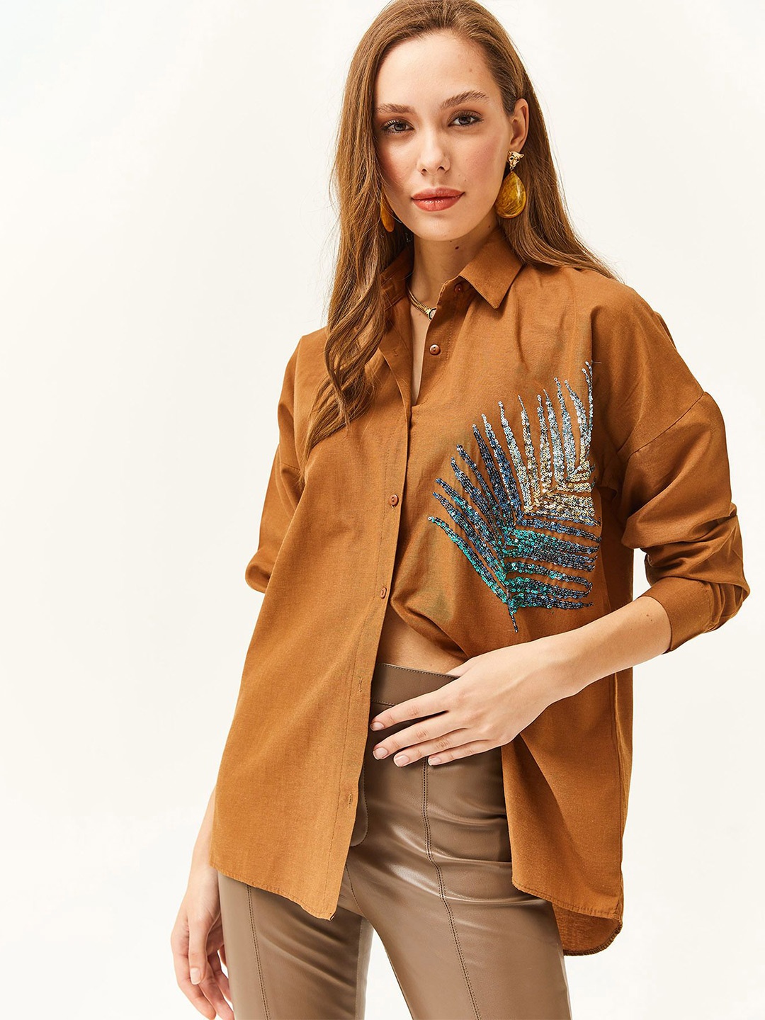 

Olalook Embellished Long Sleeves Casual Shirt, Brown