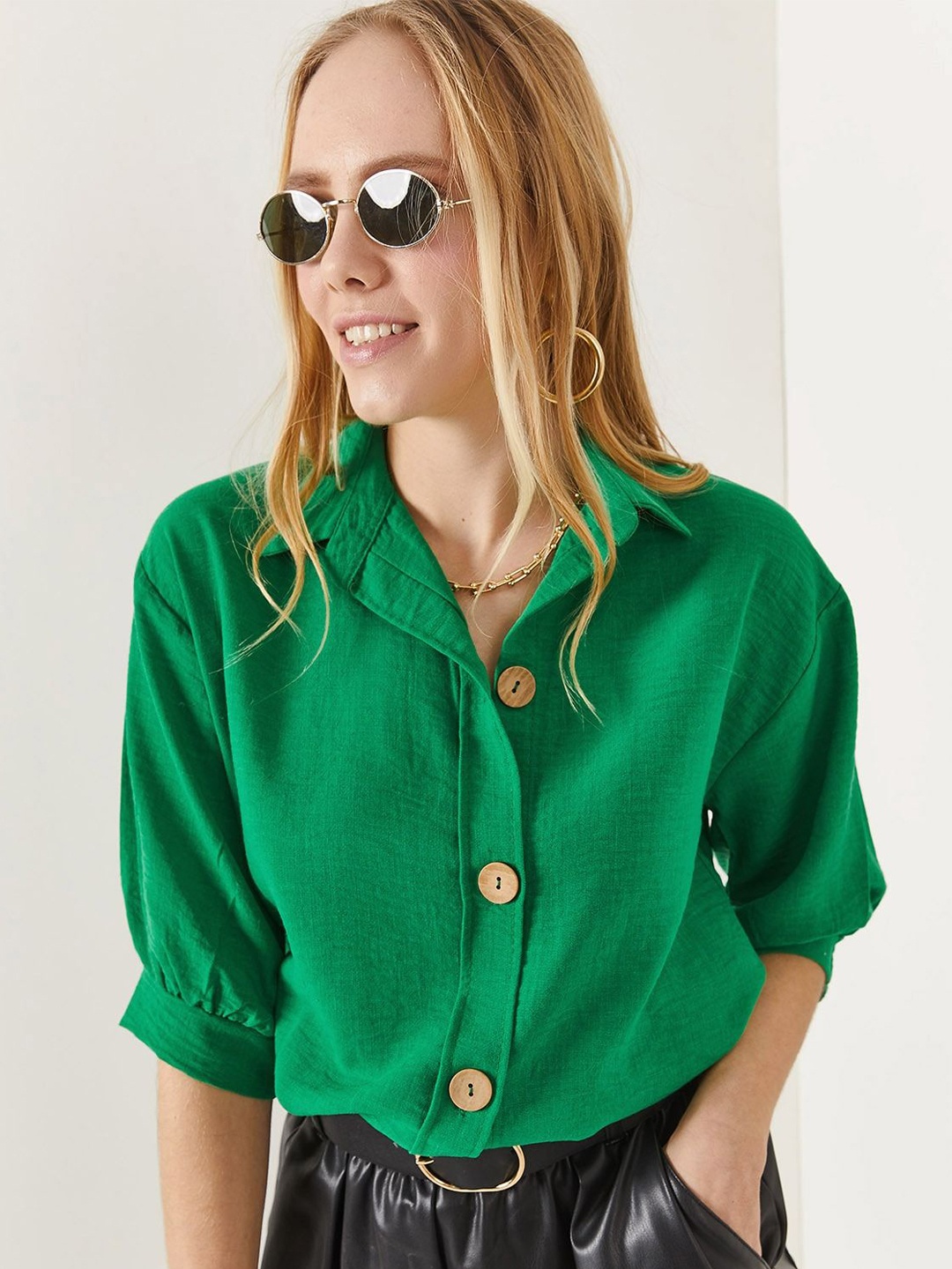 

Olalook Spread Collar Pure Cotton Casual Shirt, Green