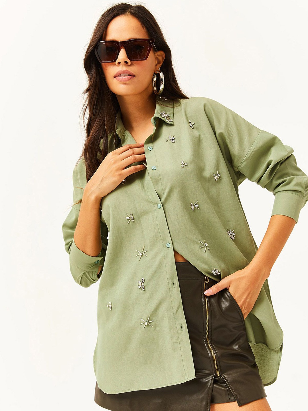 

Olalook Embroidered Spread Collar Casual Shirt, Green