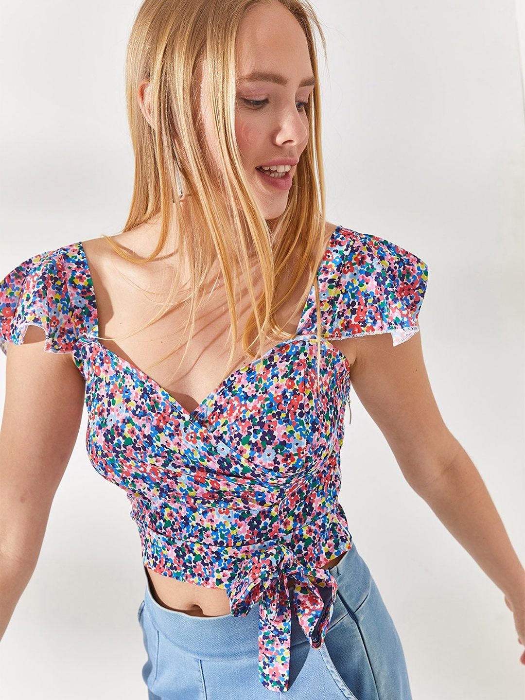 

Olalook Floral Print Sweetheart Neck Crop Top, Multi