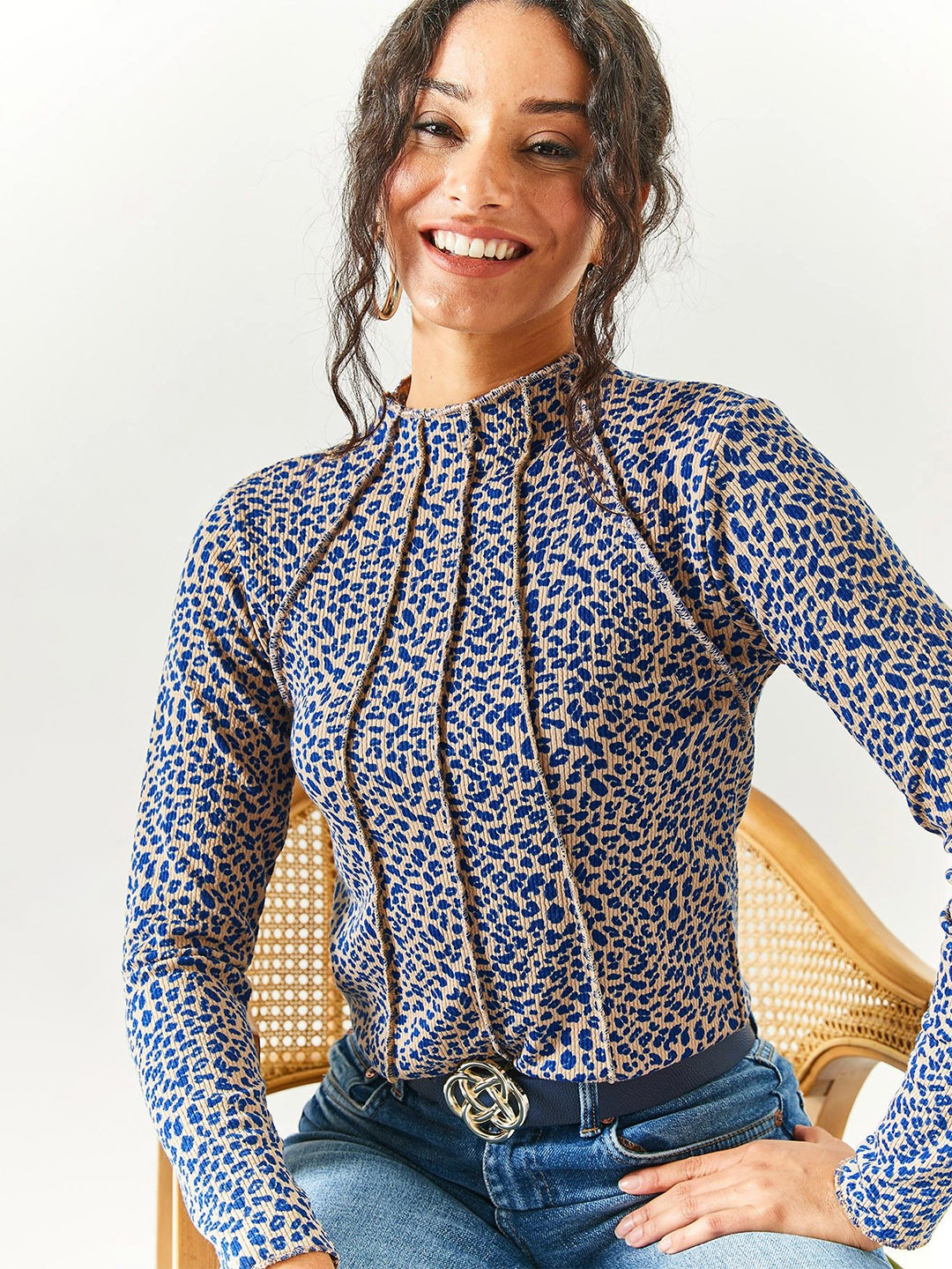 

Olalook High Neck Printed Cotton Top, Beige