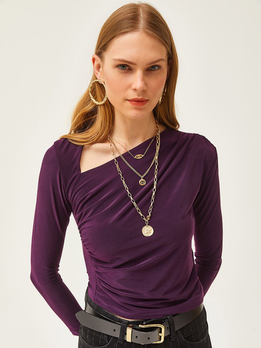 

Olalook V Neck Long Sleeves Ruched Crop Top, Purple