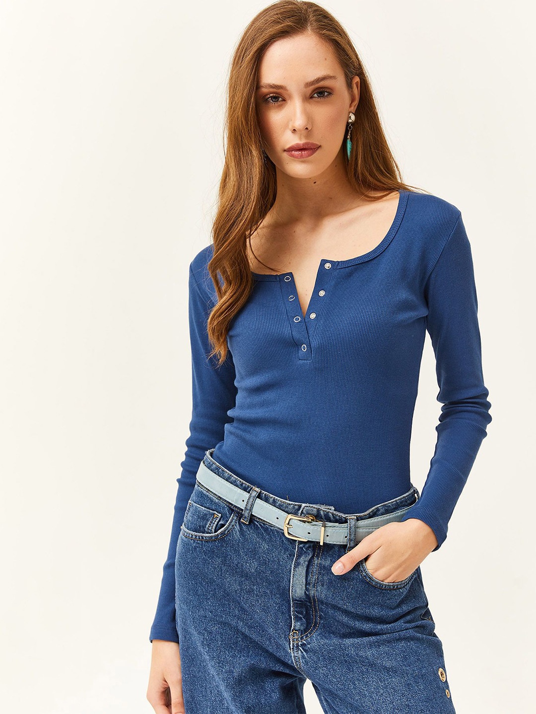 

Olalook Cotton Round Neck Long Sleeves Top, Blue