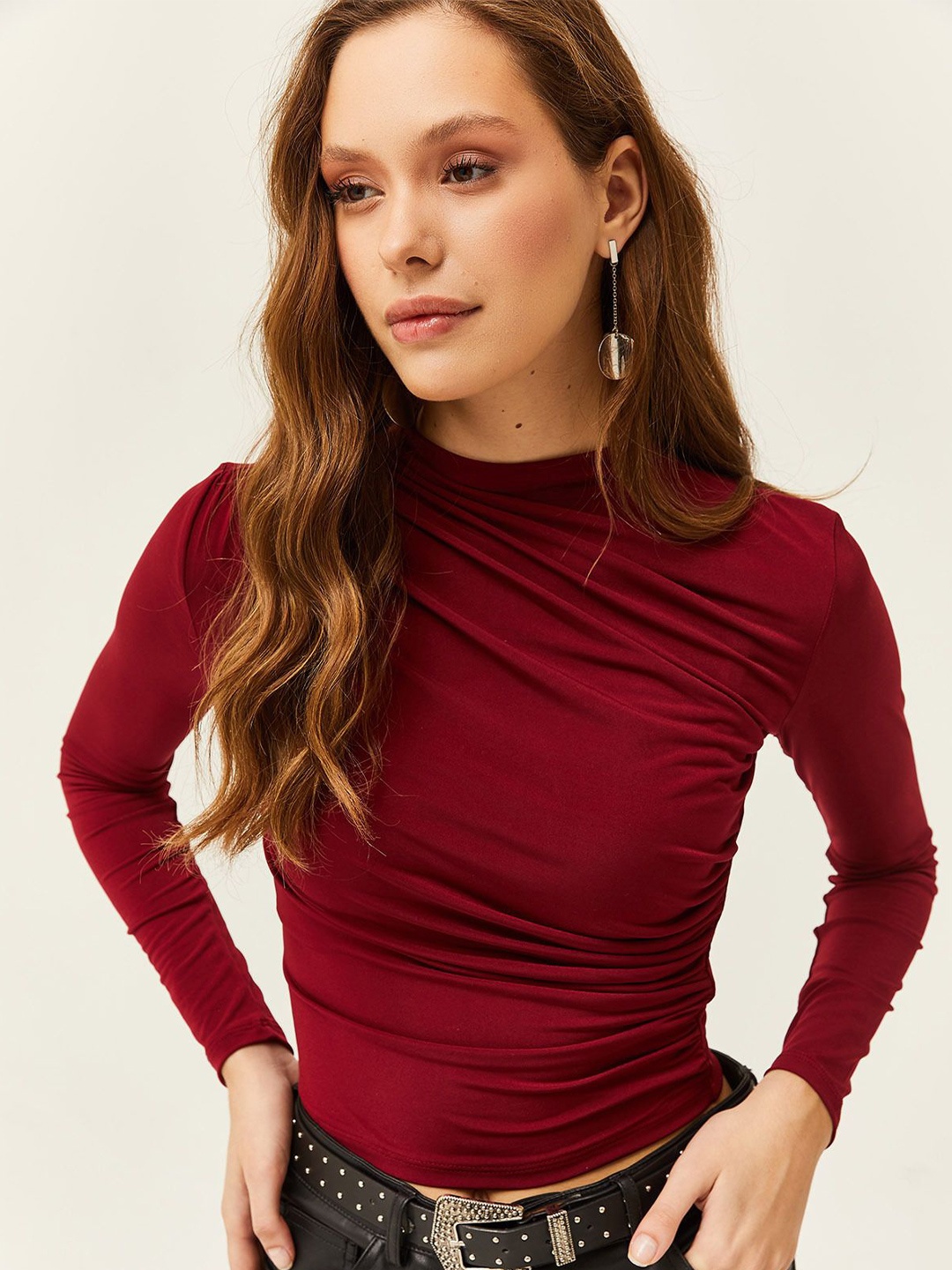 

Olalook High Neck Gathered or Pleated Detail Fitted Top, Maroon