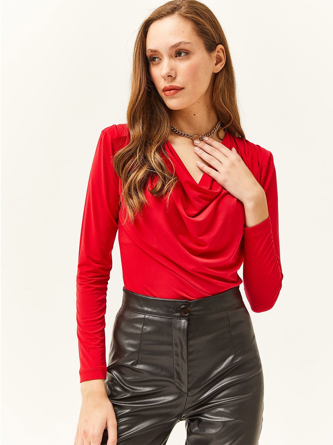 

Olalook Cowl Neck Gathered Long Sleeves Top, Red