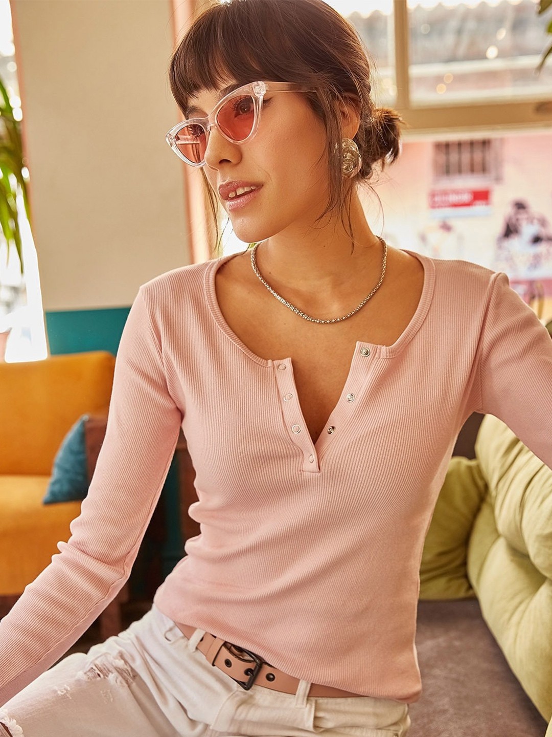 

Olalook Cotton Round Neck Long Sleeves Top, Pink