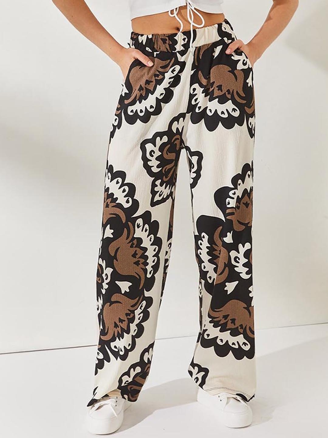 

Olalook Women Abstract Printed Mid-Rise Parallel Trouser, White