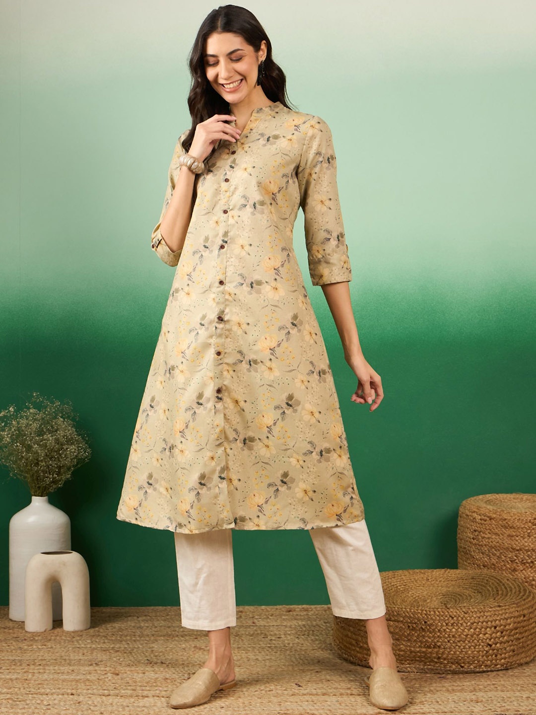 

Sangria Beige & Brown Floral Printed Band Collar Cotton A-Line Kurta