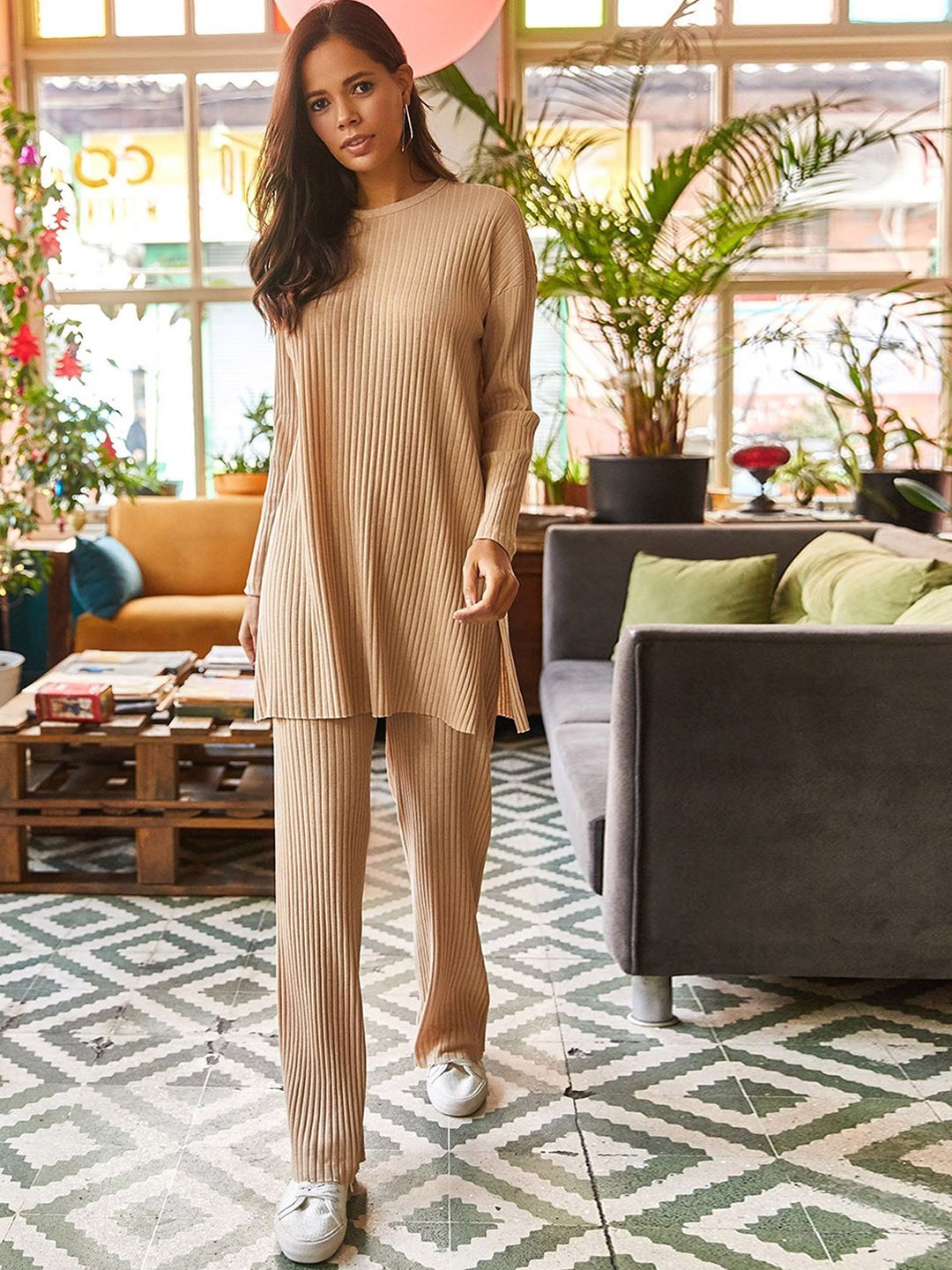 

Olalook Self Designed Round Neck Top With Trousers, Beige
