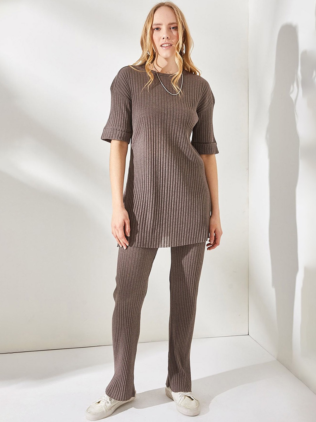 

Olalook Ribbed Striped Round Neck Extended sleeves Tunic& Trousers Co-Ords, Taupe