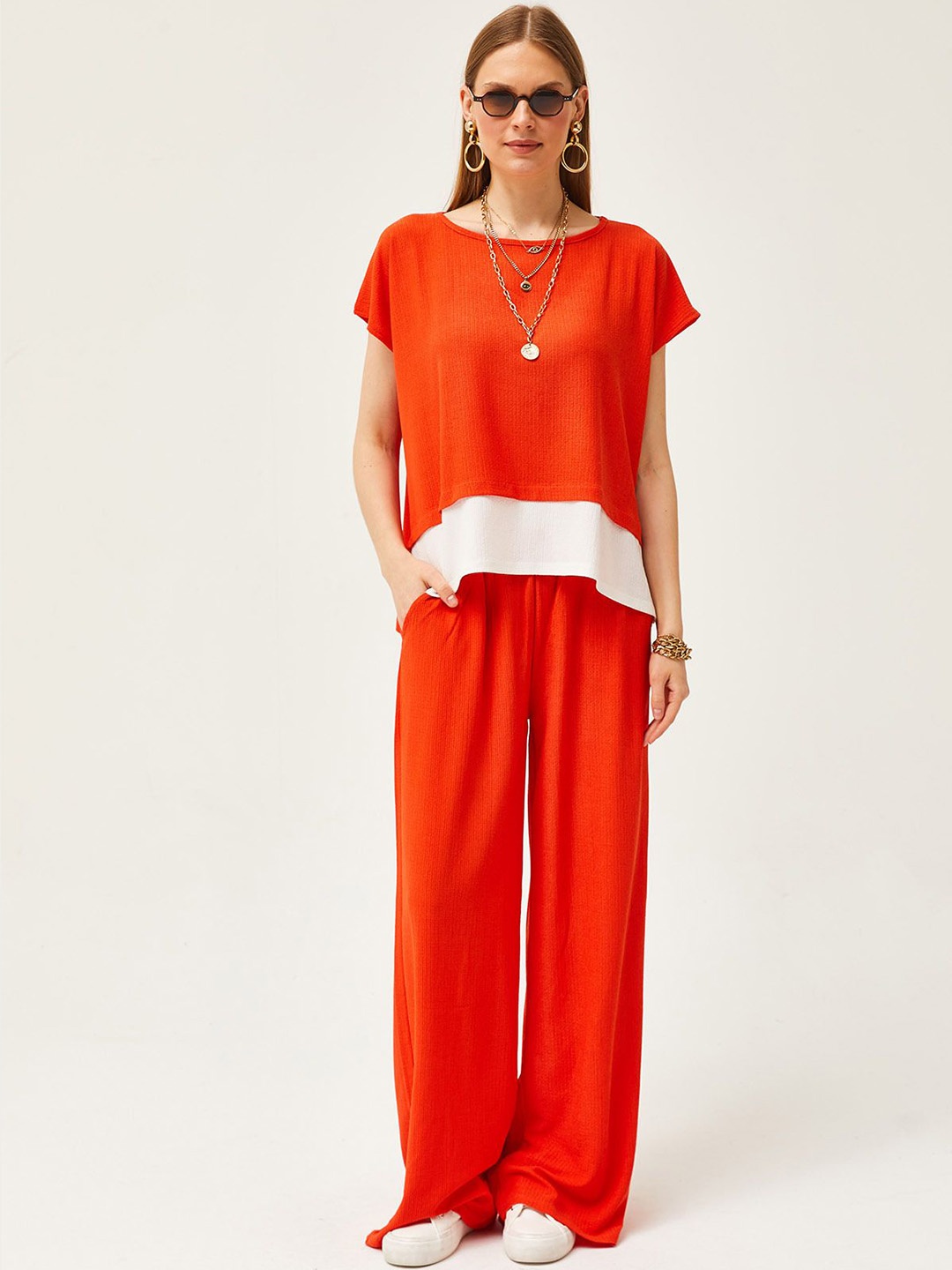 

Olalook Round Neck Extended Sleeves Layered Asymmetric Casual T-Shirt With Palazzos, Orange