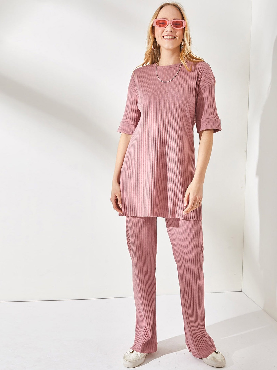 

Olalook Ribbed Striped Round Neck Extended sleeves Tunic & Trousers Co-Ords, Pink
