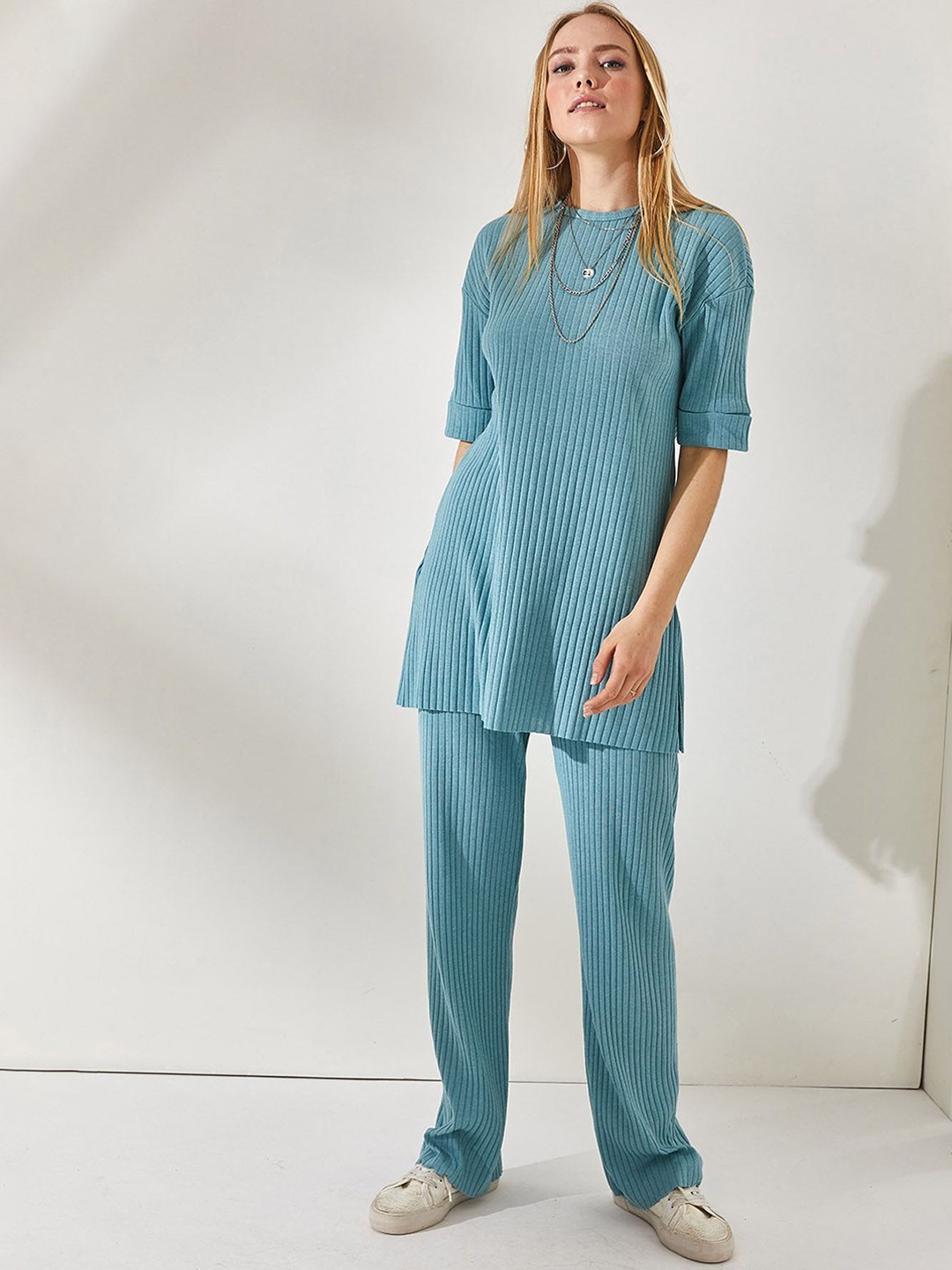 

Olalook Ribbed Striped Round Neck Extended sleeves Tunic & Trousers Co-Ords, Na