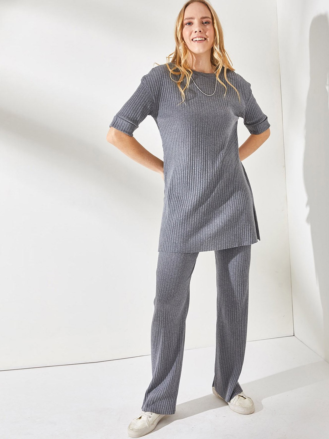 

Olalook Ribbed Striped Round Neck Extended sleeves Tunic & Trousers Co-Ords, Grey