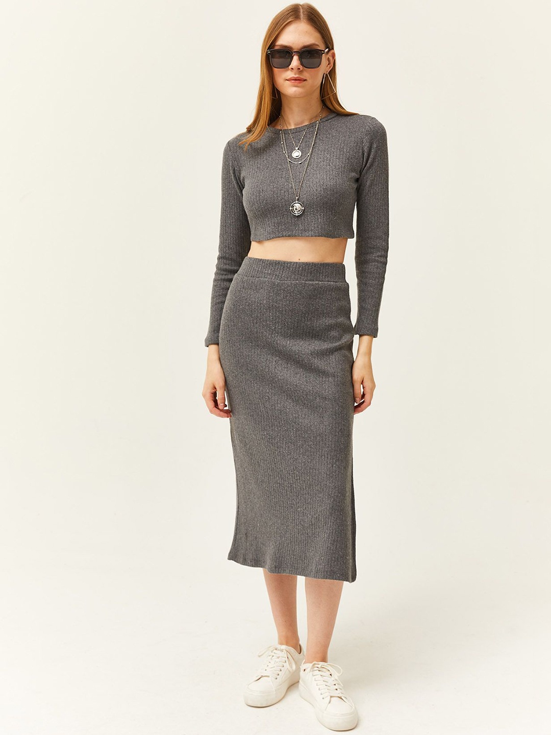 

Olalook Ribbed Striped Round-Neck Top & Skirt Cotton Co-Ords, Grey