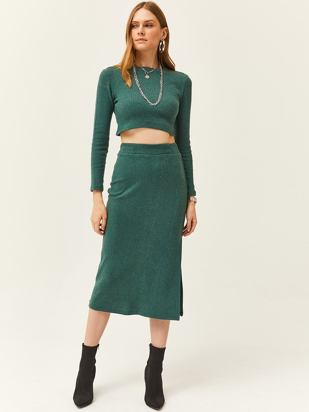 

Olalook Ribbed Striped Round-Neck Top & Skirt Cotton Co-Ords, Green