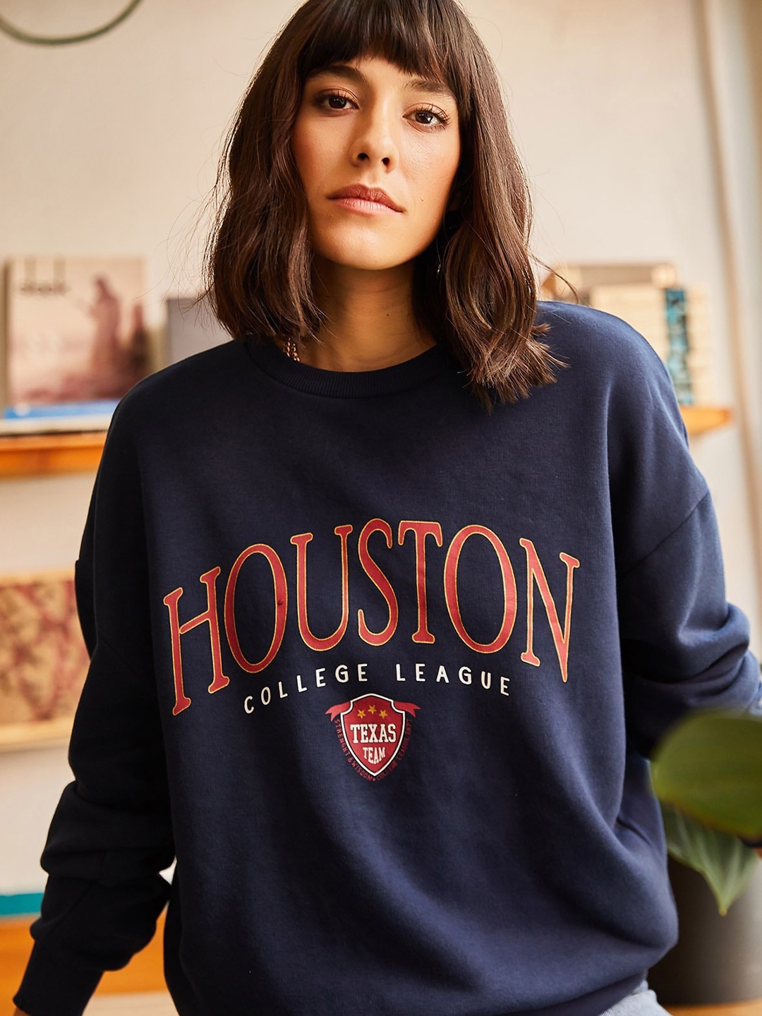 

Olalook Typography Printed Cotton Pullover Sweatshirt, Navy blue