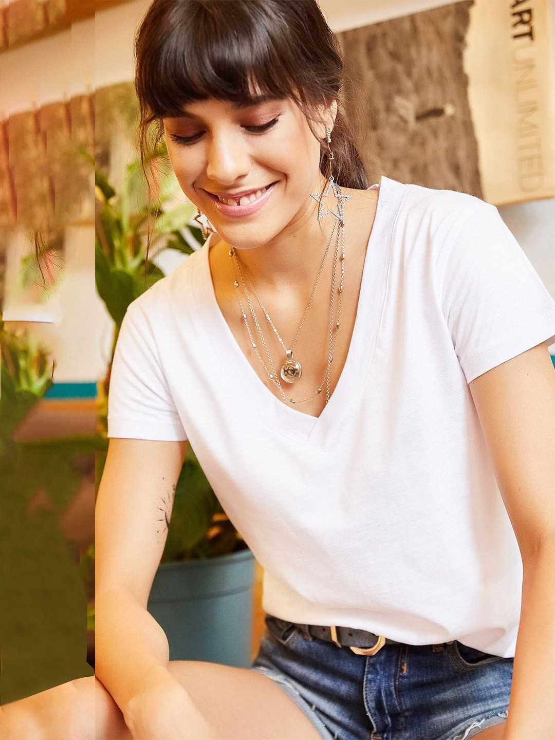 

Olalook Women V-Neck Solid Regular Fit T-shirt, White