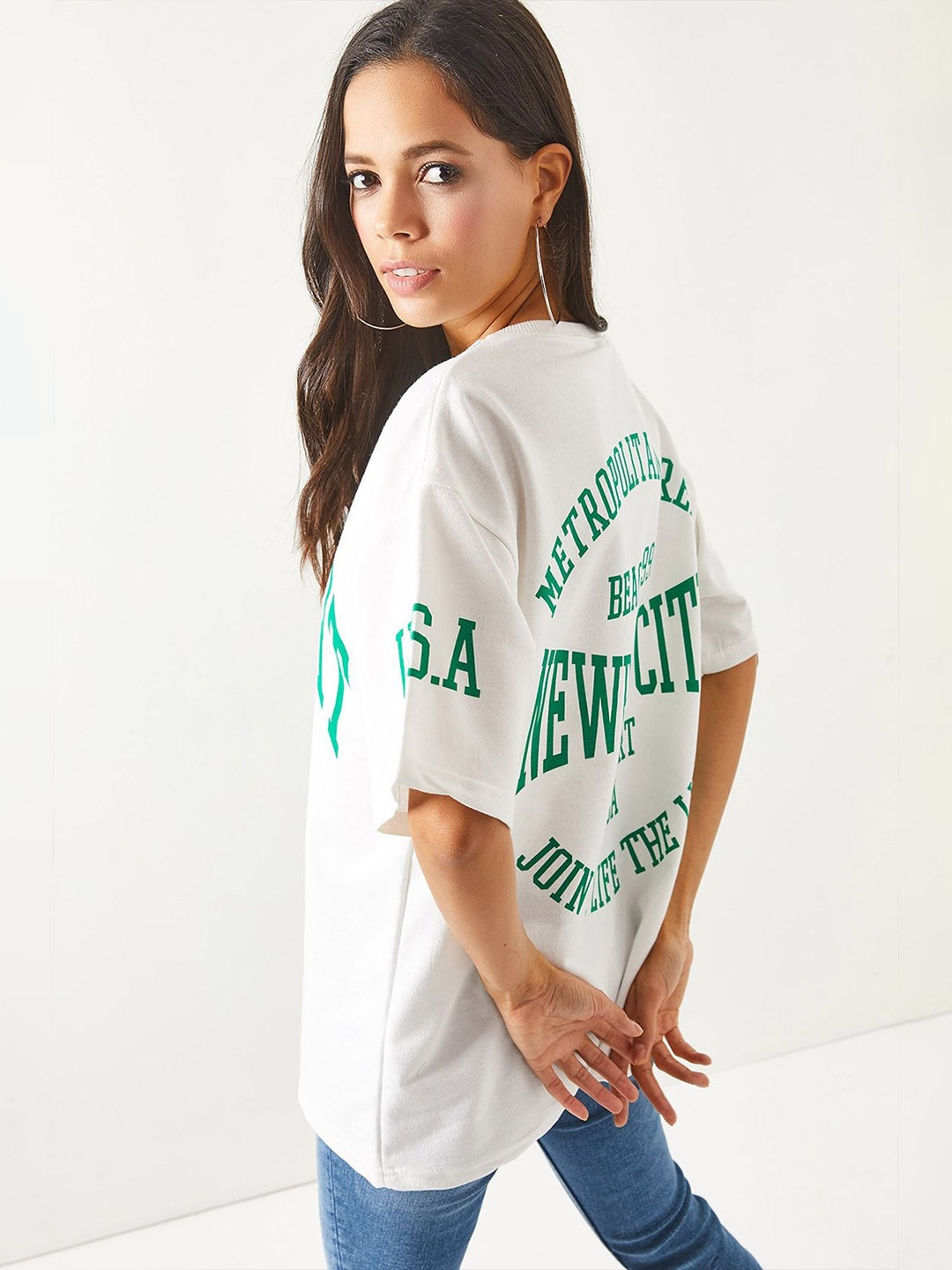 

Olalook Women Typography Printed Round Neck Oversized T-shirt, White