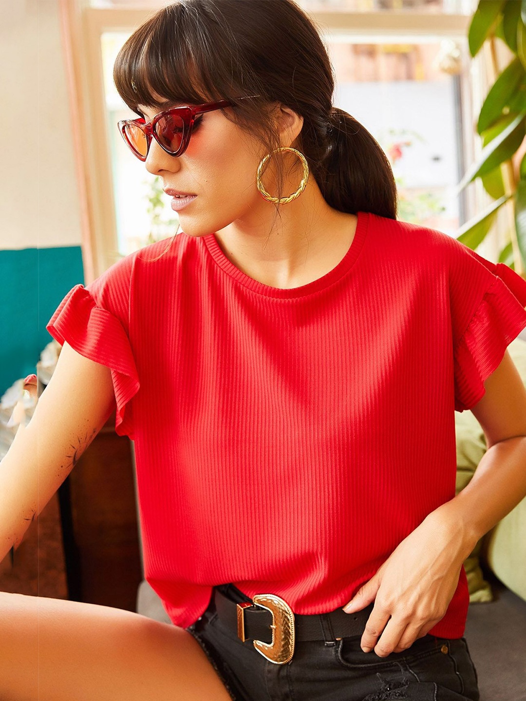 

Olalook Women Self Design Round Neck T-shirt, Red