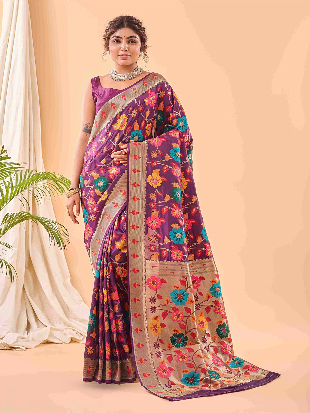 

DEVATITHI Woven Design Zari Paithani Saree, Purple