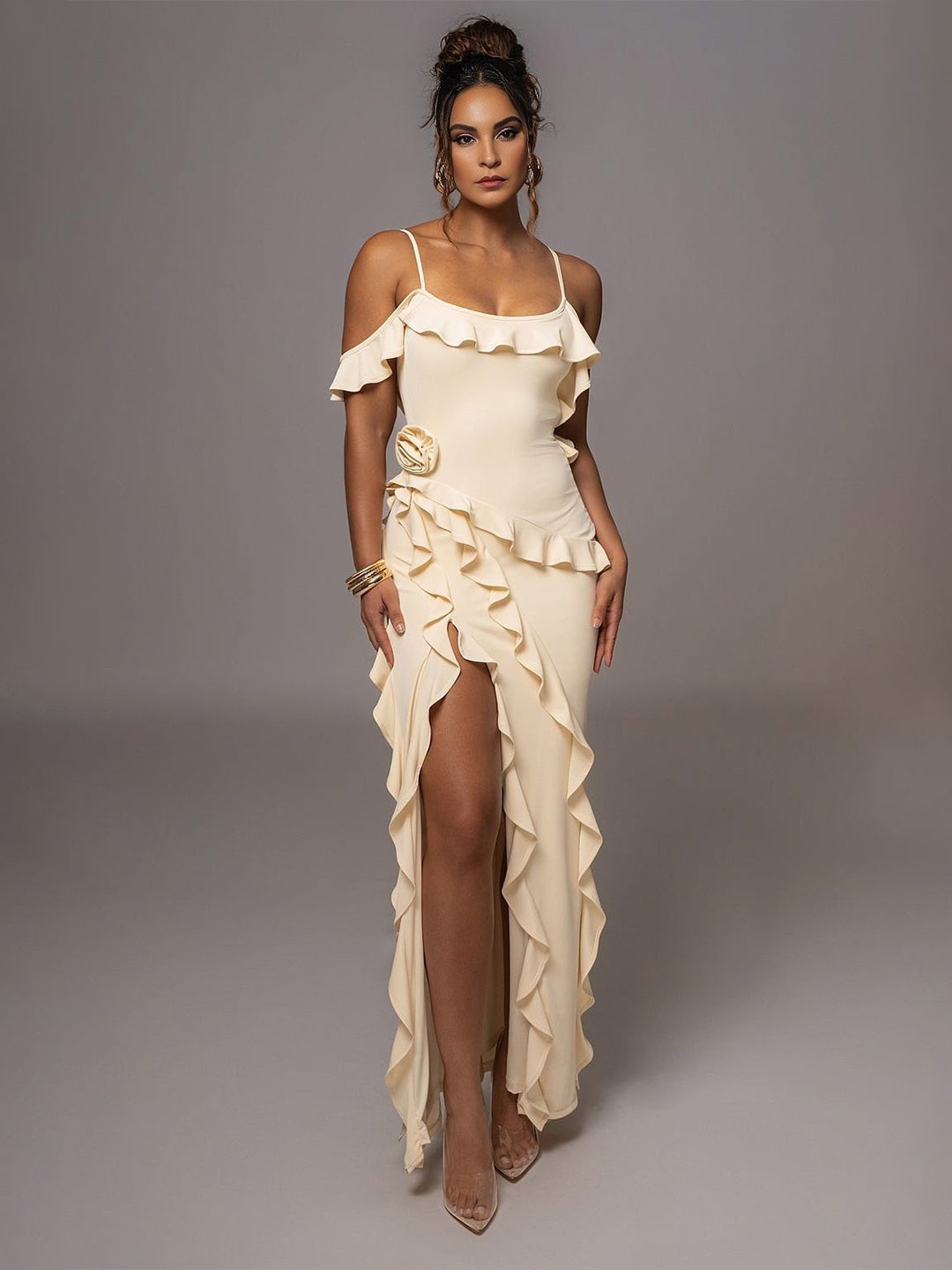 

Bee Boe Cold-Shoulder Sleeves Ruffled Maxi Dress, Cream