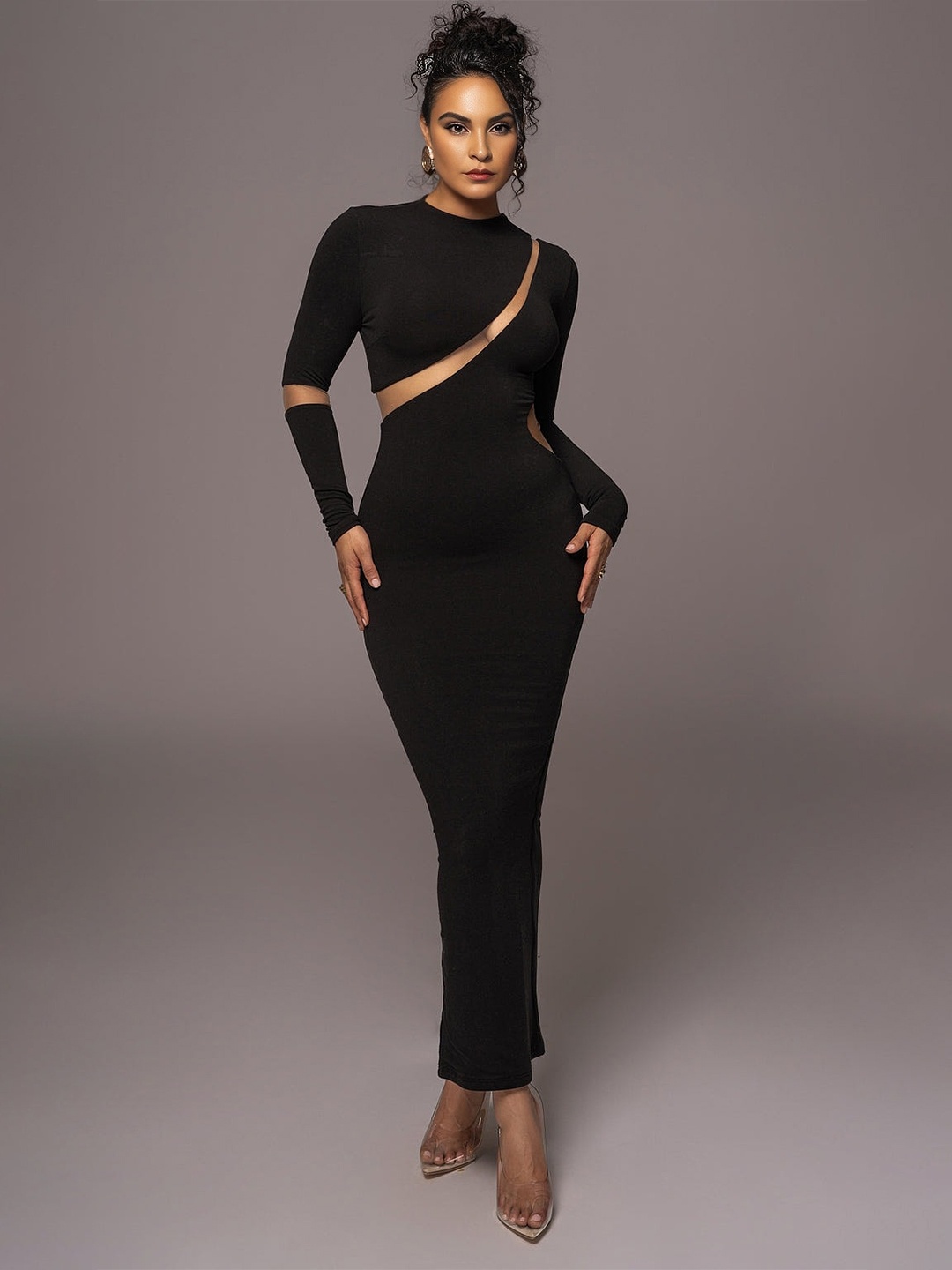 

Bee Boe Mock Neck Long Sleeves Bodycon Dress, Black